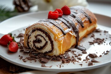 Wall Mural - Blueberry chocolate roll cake with shattered black chocolate bar