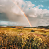 Fototapeta Tęcza - Spectacular Rainbow Over Rolling Countryside Fields