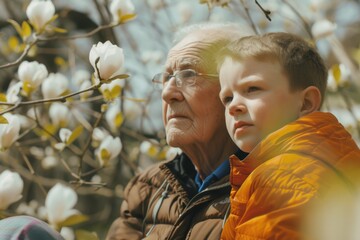 Canvas Print - An older man and a young boy sitting side by side. Suitable for family, generation, and bonding concepts