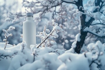 Sticker - A water bottle sits on top of a snow covered tree. This image can be used to depict the contrast between man-made objects and nature