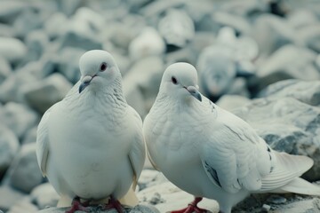 Sticker - Two white birds sitting on top of a pile of rocks. Perfect for nature and wildlife themes