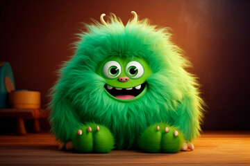 Funny fluffy character on dark background. Smiling green monster sitting in children's room