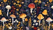 a painting of mushrooms and daisies in a field of wildflowers and daisies on a dark blue background.