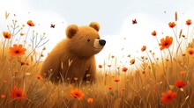 a painting of a brown teddy bear sitting in a field of orange flowers with a blue sky in the background.