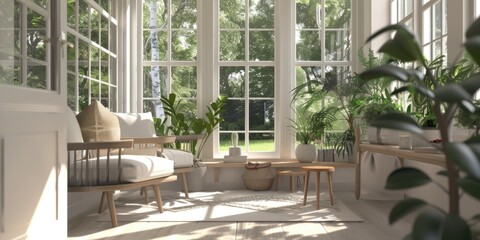 Wall Mural - A room filled with natural light and adorned with numerous windows and lush green plants. Ideal for interior design inspiration and showcasing the beauty of nature indoors