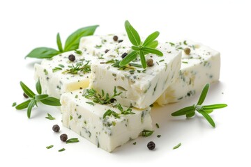 Wall Mural - Flavorful feta with herbs on plain background