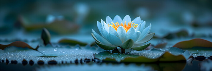 Wall Mural - Serene scene of a light blue lotus flower with a glowing center, surrounded by lily pads covered in dewdrops