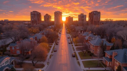 Wall Mural - the sun is setting over a city with tall buildings and a street in the foreground with cars parked on both sides of the road.