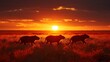 a herd of cattle walking across a grass covered field under a setting sun in the distance with the sun setting behind them.