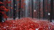 © Shanti - a red forest with snow falling on the ground and trees with red leaves on the ground and trees with red leaves on the ground.