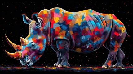 Wall Mural - a painting of a rhinoceros with multi - colored paint splattered all over it's body.