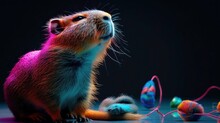 A Close Up Of A Small Rodent Near A String Of Colorful Balls On A Table With A Black Background.