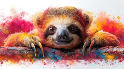 Wall Mural - a close up of a sloth laying on a branch with paint splattered on it's face.
