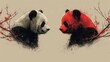 two black and white pandas facing each other with red paint splatters on their furs and branches.
