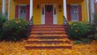 © Shanti - a yellow house with red shutters and a red front door and steps with yellow leaves on the ground in front of it.
