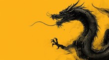 A Black Dragon Sitting On Top Of A Yellow Wall Next To A Black And White Fire Extinguisher.