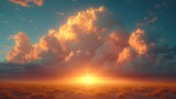 Fototapeta Na sufit - the sun is setting in the middle of a vast expanse of clouds in a blue sky with yellow and orange colors.