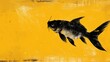 a painting of a goldfish on a yellow background with a black and white fish in it's mouth.