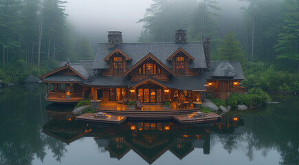 Wall Mural - a house sitting on top of a lake in the middle of a forest next to a forest filled with trees.