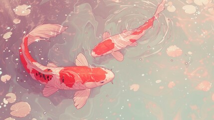 Wall Mural - two red and white koi fish swimming in a pond with bubbles of water on the surface of the water.