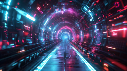 Wall Mural - Digital tunnel in cyber space, abstract tech corridor background. Perspective of cyberspace with neon data light. Concept of technology, future, futuristic AI network, security
