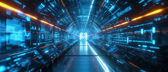 Wall Mural - Futuristic tunnel with digital data, tech corridor background. Perspective view of computer equipment and terminals, dark space in blue light. Concept of technology, future, AI network