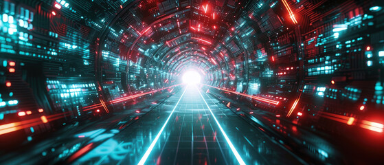 Wall Mural - Futuristic tunnel with digital data, abstract tech background. Perspective view of cyber space, dark virtual corridor with neon light. Concept of technology, future, AI network