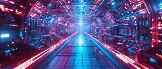Wall Mural - Futuristic tunnel with computer control panels, abstract tech space background. Perspective of dark corridor with neon lights. Concept of cyber technology, future, AI network, digital