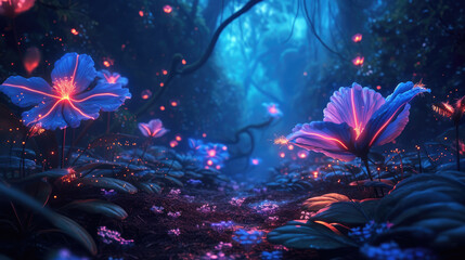 Poster - Fantasy fairy tale forest at night, beautiful luminous flowers and path in dark fairytale woods. Glowing plants and magical lights in wonderland. Concept of neon, nature