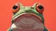a close up of a frog's face with red eyes and a green frog's head in front of a red background.