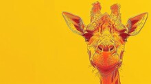 A Close Up Of A Giraffe's Face On A Yellow Background With A Red And Yellow Background.