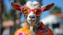 A Goat With Pink Sunglasses On It's Head And A Flowered Shirt On It's Shirt Is Looking At The Camera.