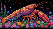 A Painting Of A Brightly Colored Lobster In A Field Of Flowers And Grass With A Dark Sky In The Background.