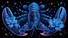 A Painting Of A Blue Lobster With Blue Flowers On It's Back And A Star Filled Sky In The Background.