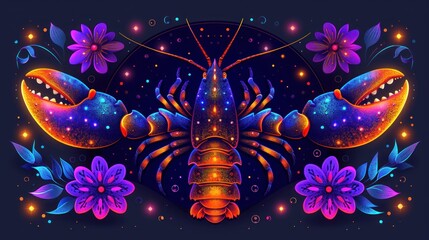 Wall Mural - a colorful illustration of a lobster on a dark blue background with pink flowers and purple and yellow flowers around it.