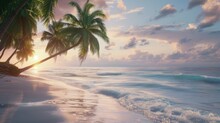 Amidst The Vibrant Tropics, Palm Trees Sway Against A Colorful Sky As Waves Gently Kiss The Shore Of This Serene Beach Paradise