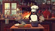 A plucky penguin masters the art of culinary creation in a cozy kitchen, surrounded by furniture and cabinetry, as they deftly maneuver between tables and countertops, using kitchen appliances and bo