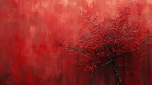 A Painting Of A Red Tree In Front Of A Red And Grey Wall With A Black Tree In The Foreground.