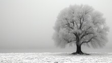 A Black And White Photo Of A Tree In The Middle Of A Field With Snow On The Ground And Grass In The Foreground.
