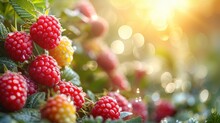 A Bunch Of Raspberries On A Bush With Leaves And Berries In The Foreground, With The Sun Shining In The Background.