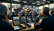 A temporary command center where emergency response team leaders coordinate disaster response exercises. Radios and monitors display live feeds of the exercise, with team members actively involved in 