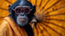 A Chimpan Monkey Wearing Pink Sunglasses And Holding A Yellow Parasol In Front Of It's Face.