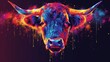 a painting of a bull's head with colorful paint splatters on it's face and a black background.