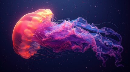 Wall Mural - a close up of a jellyfish on a blue and purple background with a pink jellyfish in the middle of the frame.
