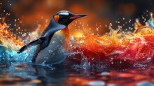 A Painting Of A Penguin In The Water With A Splash Of Water On It's Face And A Splash Of Water On Its Body.
