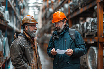 Two men with documents in factory hall with rolls of rubber.