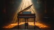 old piano in a dark room with a spotlight shinning on the piano 