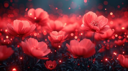 a bunch of red flowers that are on a black and red background with a red light in the middle of the picture.