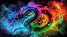 A Colorful Dragon Sitting In The Middle Of A Cloud Filled Sky With A Rainbow Colored Dragon On It's Back.