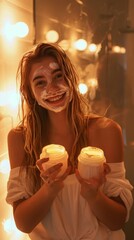 A smiling young girl with wet hair holding two jars of cream in her hands, a bathroom in the background. Close up
